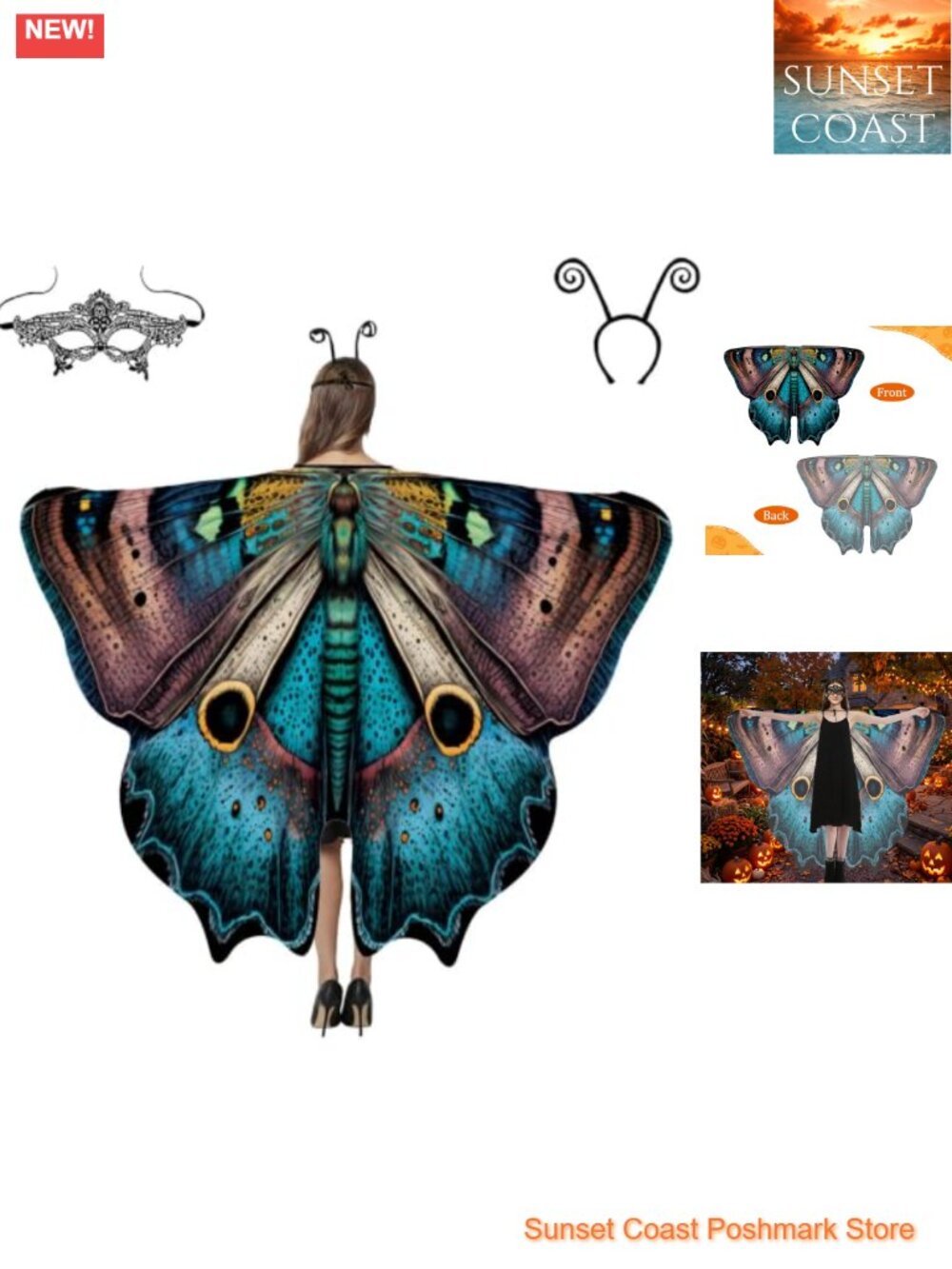 Women's Moth Butterfly Wings Cape Chiffon Halloween Costume with Mask